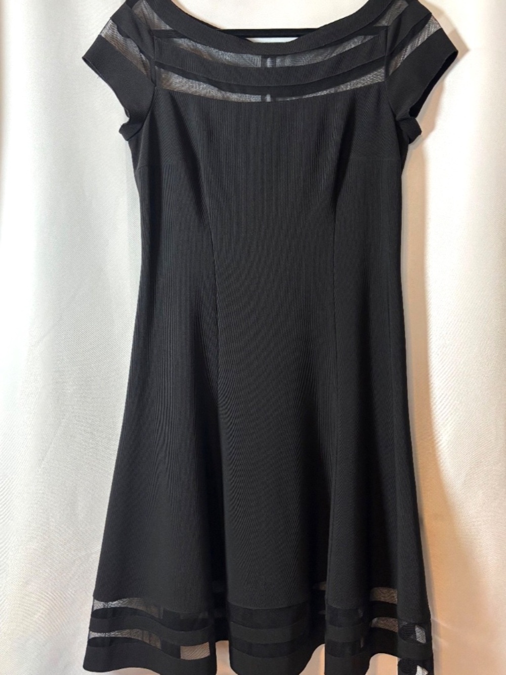 Black Flare Dress Illusion Mesh Neck Cap Sleeve Size 10 White House Black Market